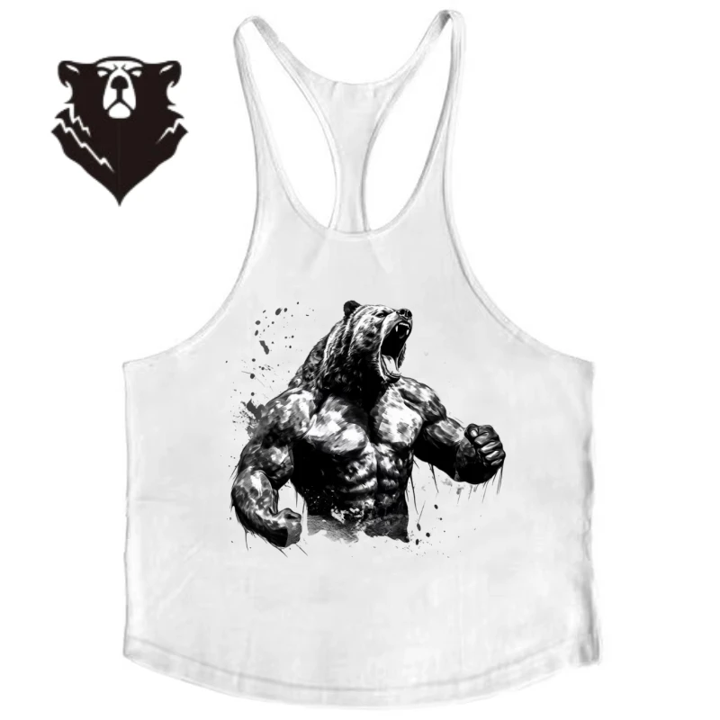 Grafisches Stringer-Singlet mit „Muscle Bear Roar“ für Herren – ärmellose Gymnastikweste für Fitness, Bodybuilding und Workout. Herrenbekleidung