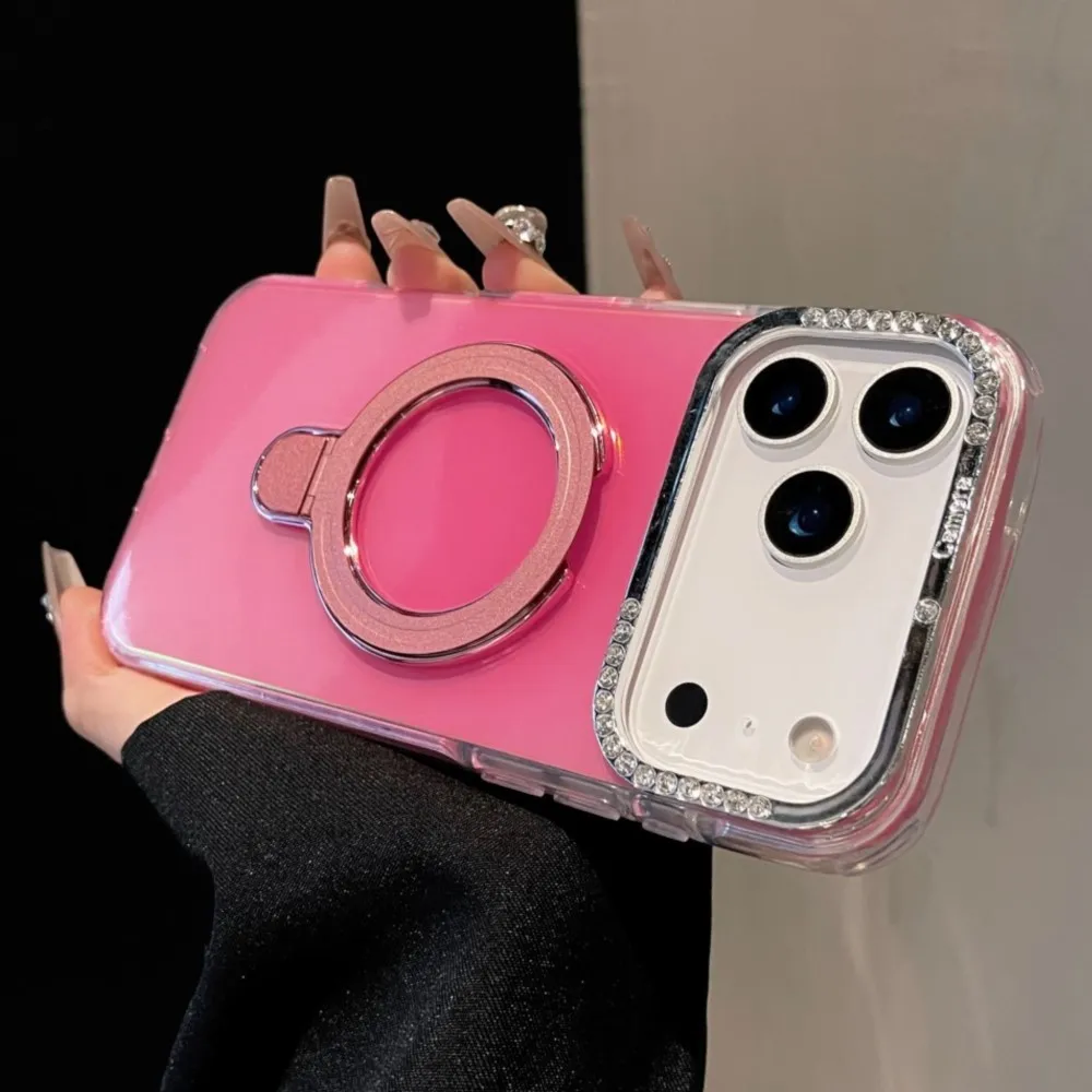 Funda con soporte plegable magnético de Color gelatina para iPhone 17 16 15 14 13 Pro Max, cubierta con soporte de Metal a prueba de golpes con brillo y diamante