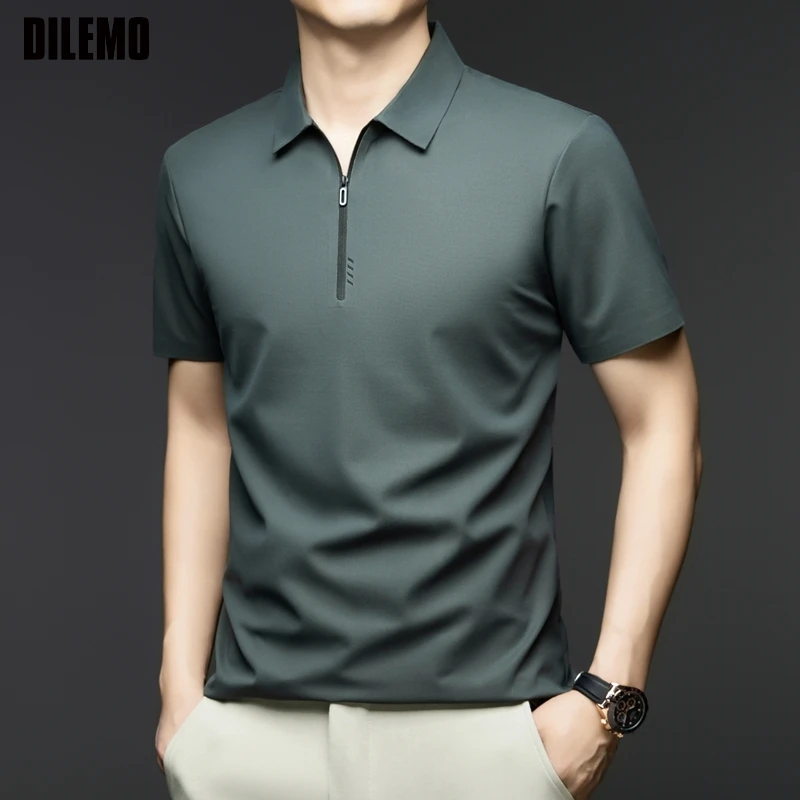 

High End New Summer Brand Zipper Designer Luxury Men's Polo Shirts Short Sleeve Stretch Casual Tops Fashions Men Clothing