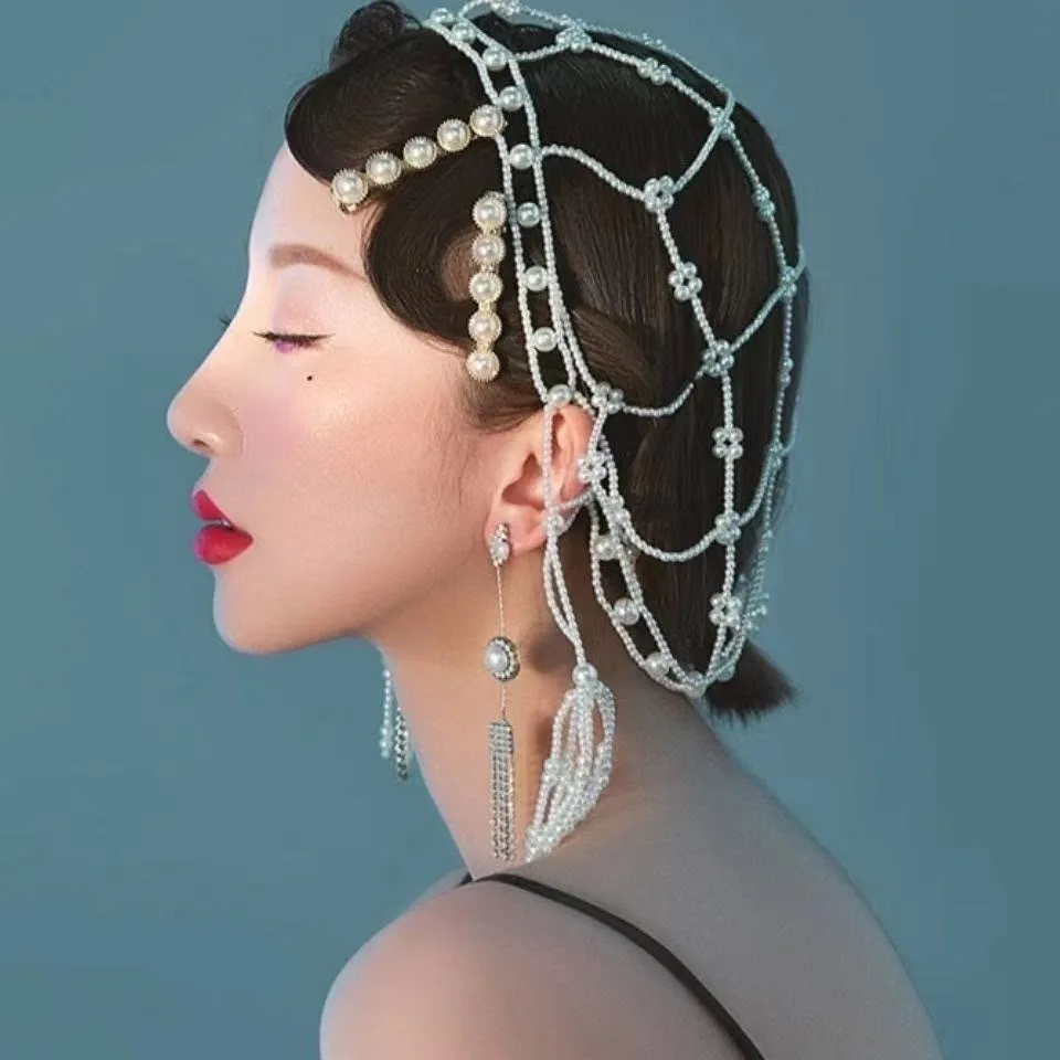 

Handcrafted Pearl Tassel Headband New French Light Luxury Retro High Skull Top Headwear Wedding Banquet Photo Exquisite Headband