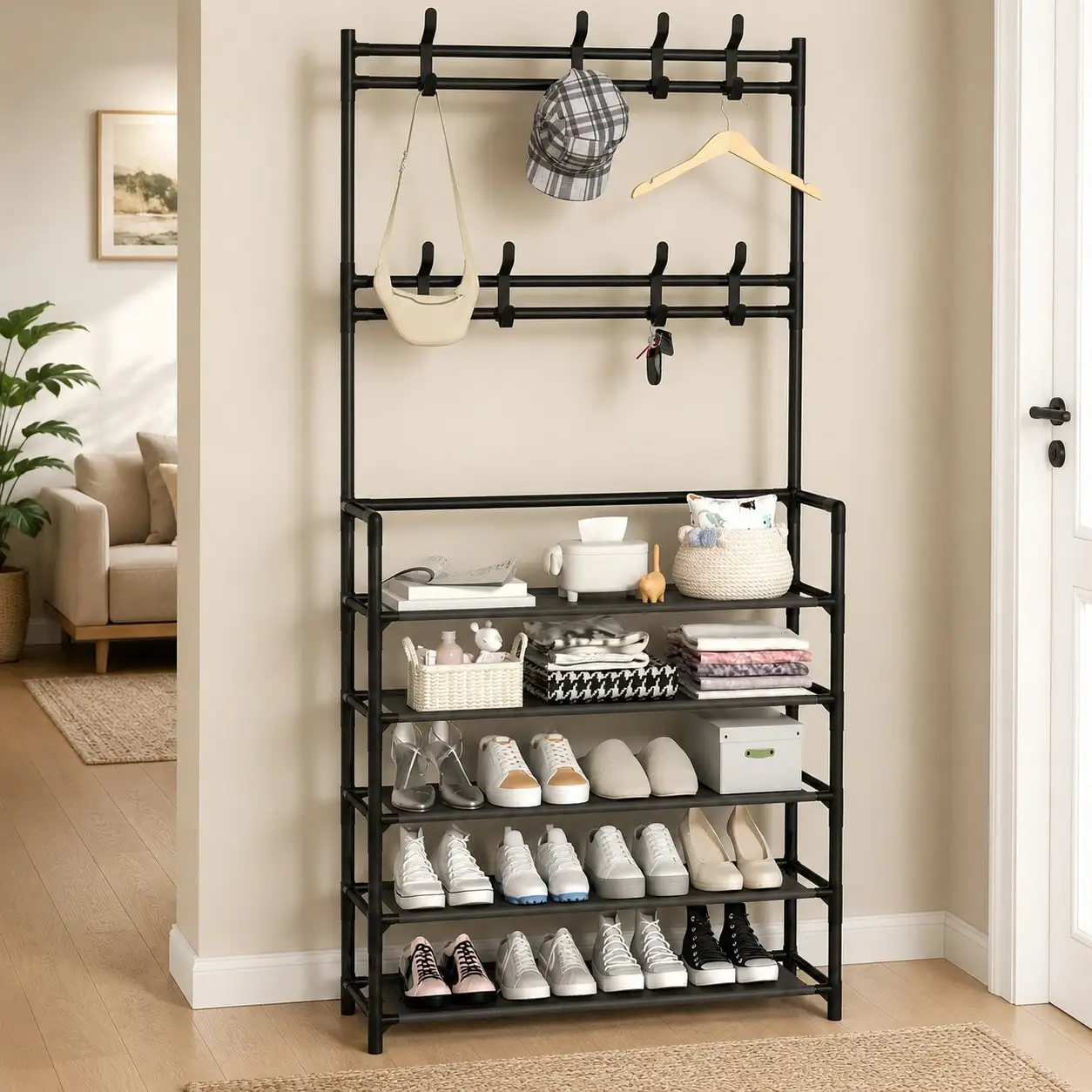 Multi-Functional Shoe Rack With Coat Hooks, 5-Tier Freestanding Shoe Shelf For Entryway, Heavy-Duty Shoe Organizer For Sneakers, Bags, Hats & Keys, Metal Frame, Space-Saving For Hallway, Closet & Bedroom - view 3