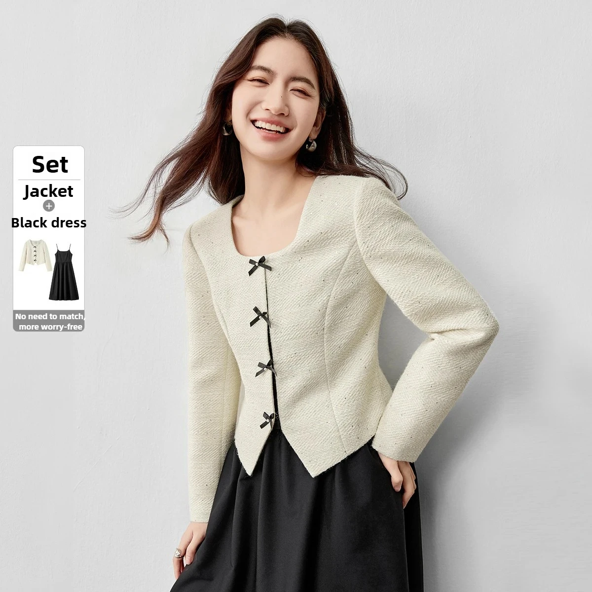 Sentubila conjunto de terno de tweed feminino 2025 outono gola virada para baixo contraste cor arco casaco & vestido suspender roupa de escritório 153za2418