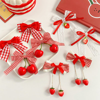 Red Cherry Cloth Bow Girls Hair Clip Plaid Lace Bow Ribbon Strawberry Cherry Hairpin Kawaii Side Bangs Clip Barrettes Headwear