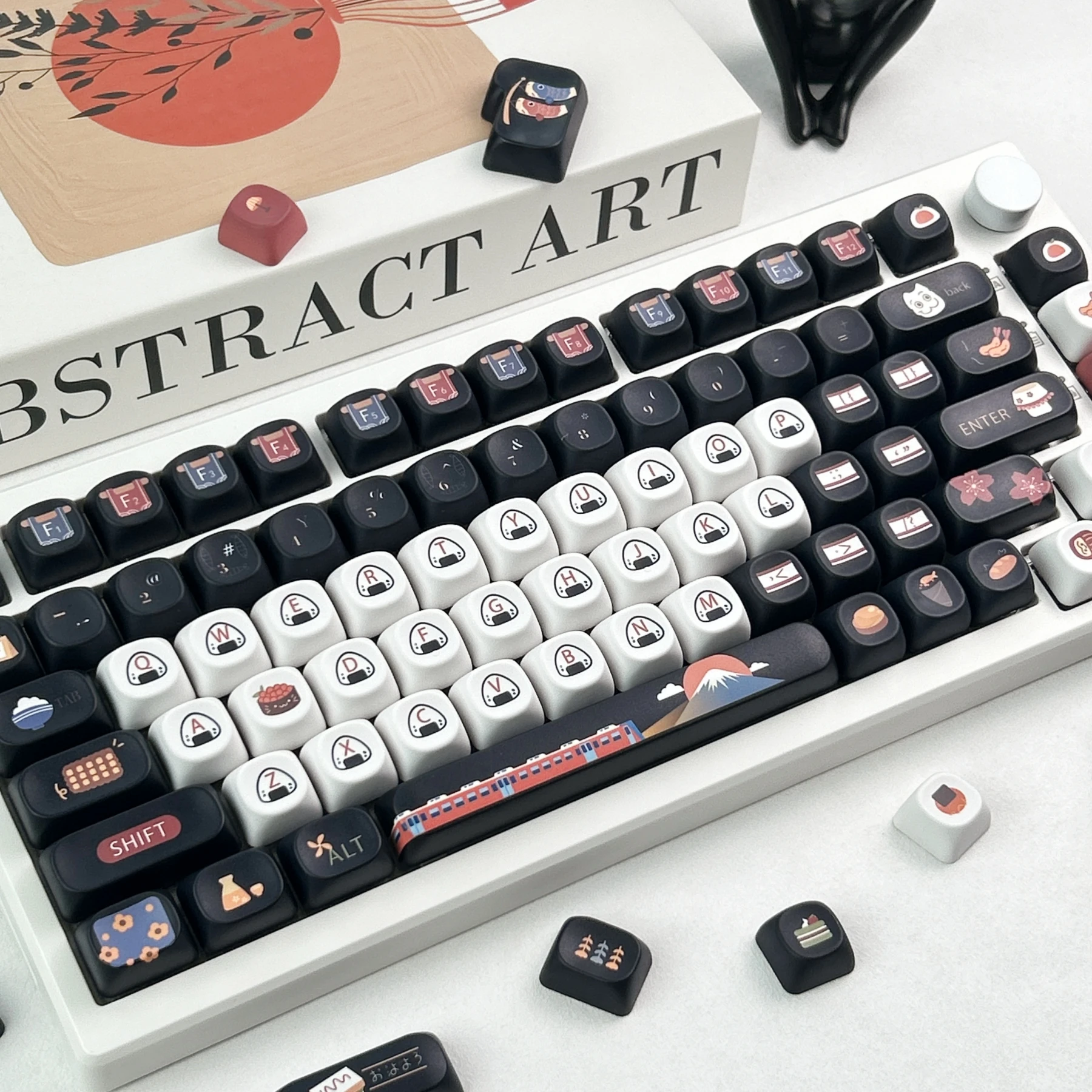 MAIMOOO Rice Ball Keycap MOA Cherry Profile Mount Fuji Sunset Retro Black White Cute Bento Sushi Keycaps for Mechanical Keyboard