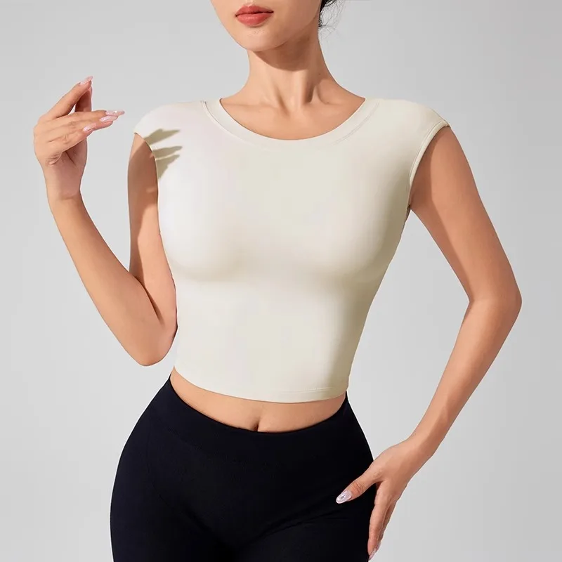 ملابس اللياقة البدنية النسائية بدون ظهر مع وسادة صدر ثابتة، تي شيرت جميل بأكمام قصيرة للرقص، ملابس لليوجا #3