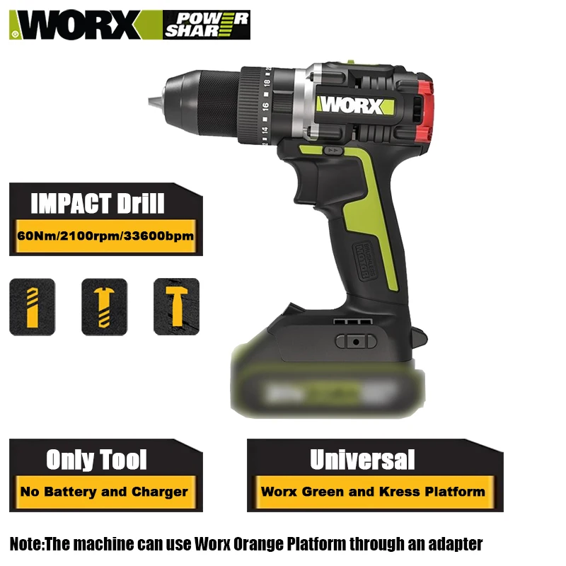 Worx WU369 Bare Tool Cordless Impact Drill Brushless Motor 20v Max 60Nm 2100rpm 33600bpm Multifuncitonal Share Green Platform