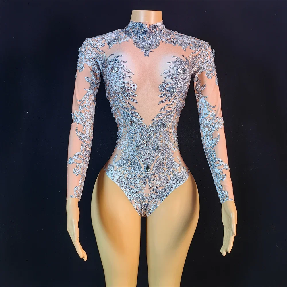 Mono elástico con diamantes de imitación para mujer, traje Sexy para fiesta de cumpleaños, vestido de bailarina, vestido de espectáculo