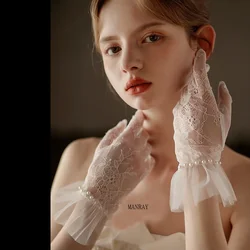 MANRAY Woman Wedding Glove Lace Korean French Short Tulle Transparent Exquisite Lace Stapled Pearl Gloves Bridal Accessories