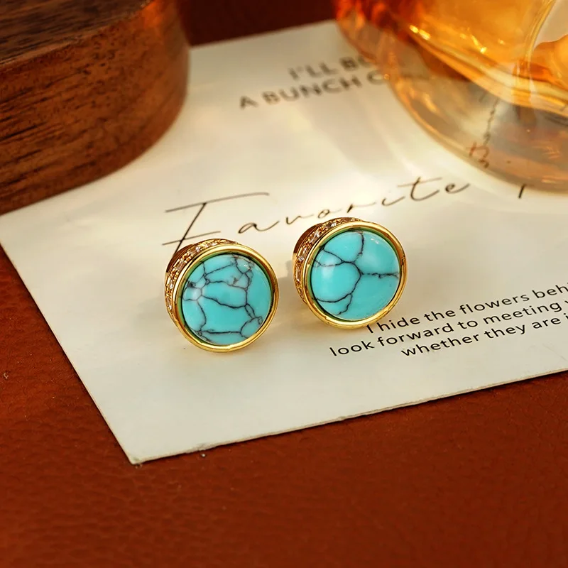 Hot Sell Fashion Turquoise Stone & Crystal 14K Gold Filled Lady Stud Earrings Promotion Jewelry Women Gift Anti Allergy 2027