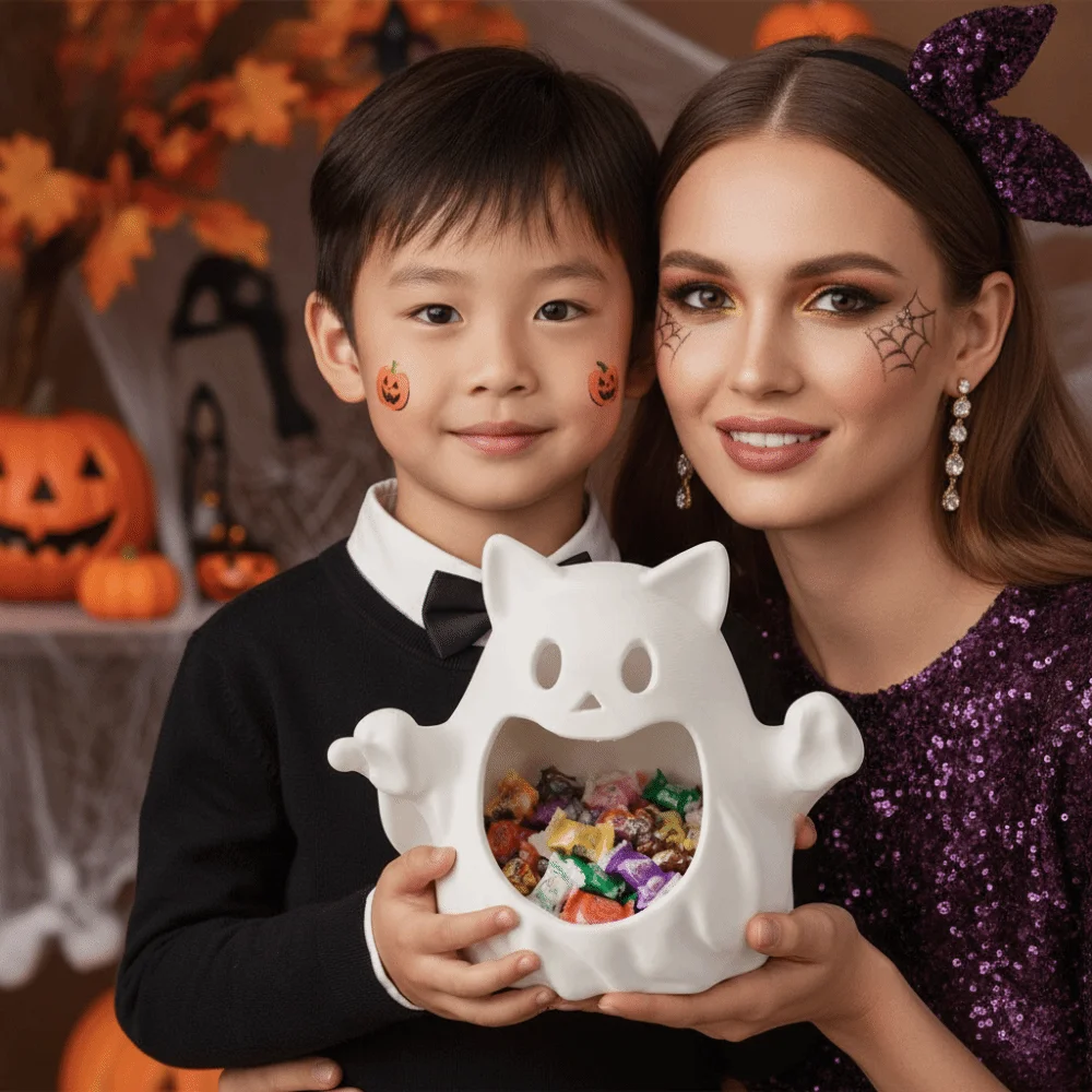 PLA Material Ghost Cat Candy Dish Solid White Hollow Inside Halloween Storage Tray Lightweight Design Matte Surface