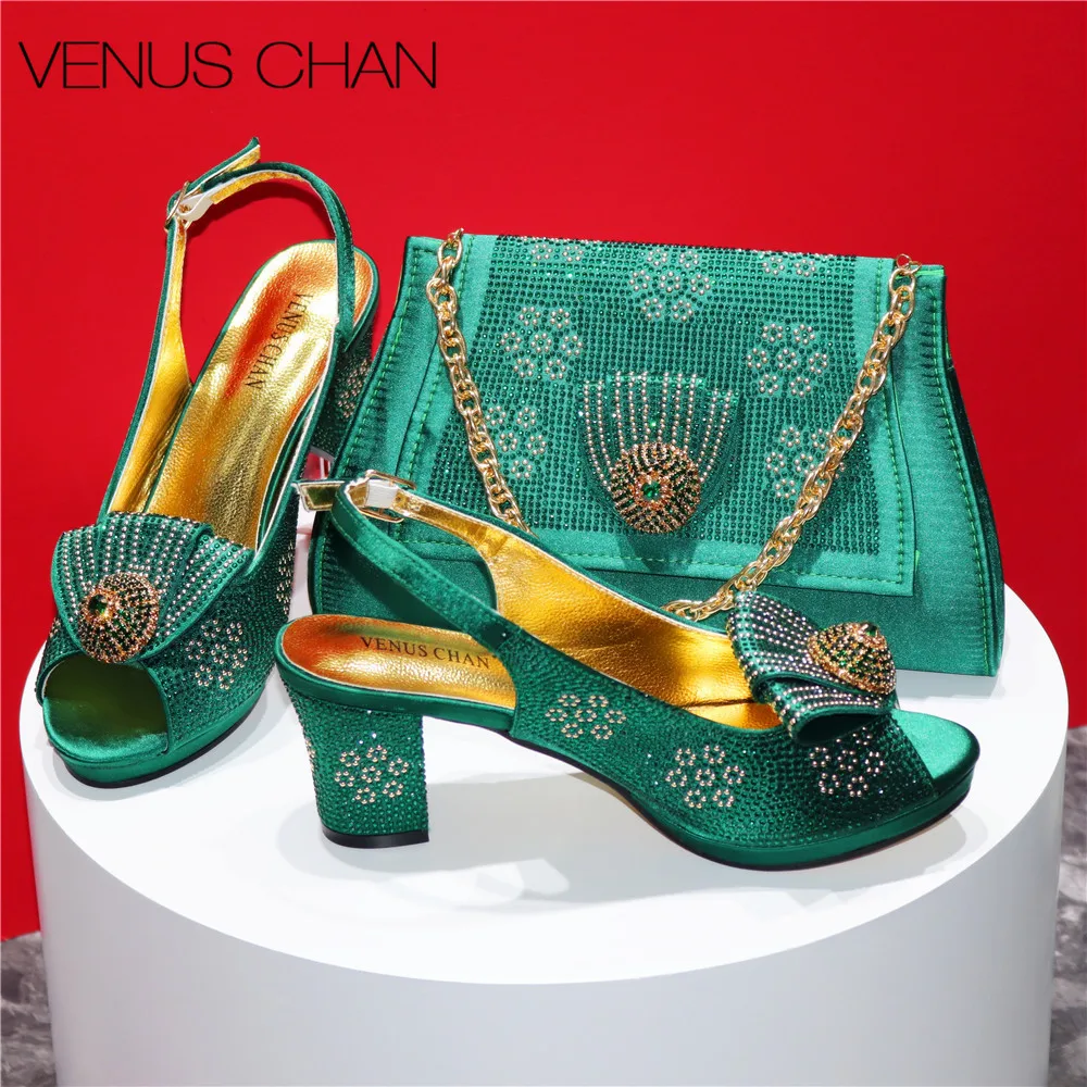 Pattern Popularity Newest Sandals Ladies Shoes and Bag Set Full Diamond Fashion Design Green Color Pumps for Wedding Party