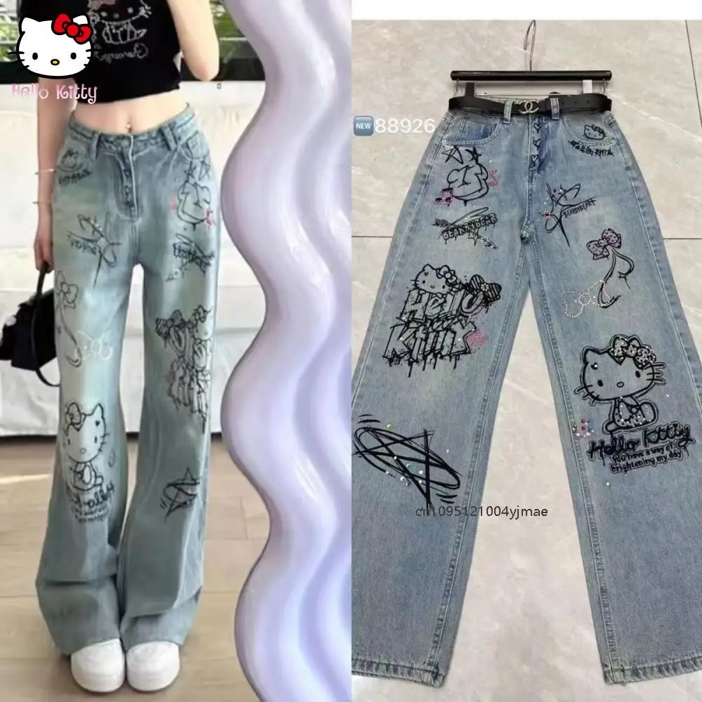 Y2k sanrio hello kitty jeans dos desenhos animados calças compridas anime calças de perna reta bonito retro cintura alta jeans doce meninas estudante