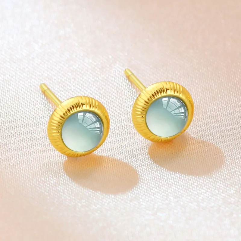 Certificate Natural Blue Water Jadeite Cabochon Earrings Real Jewelry Designer Carved Gemstone Accessories 18K Gold Gifts  Women