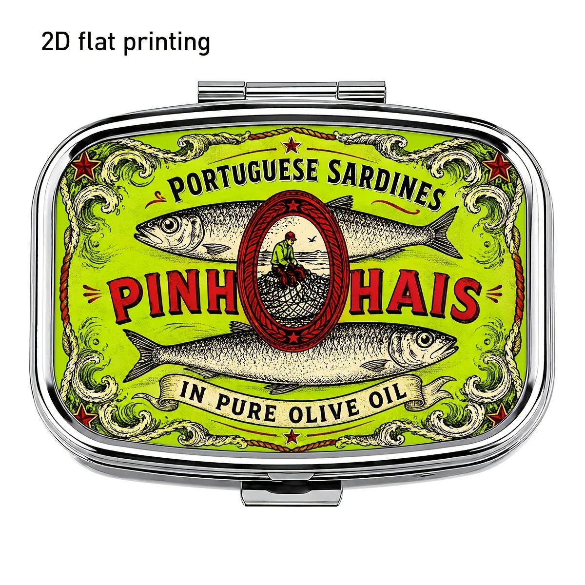 Vintage Sardine Print Metal Pill Box Compact Medicine Case Travel 2 Compartment Pill Organizer Pocket Tablet Storage Container
