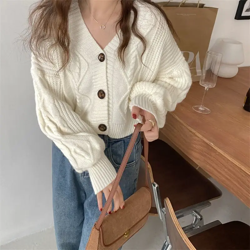 Rimocy V Neck Cropped Cardigan Women Long Sleeve Twist Knitted Sweater Coats Woman Korean Fashion Solid Color Button Up Cardigan