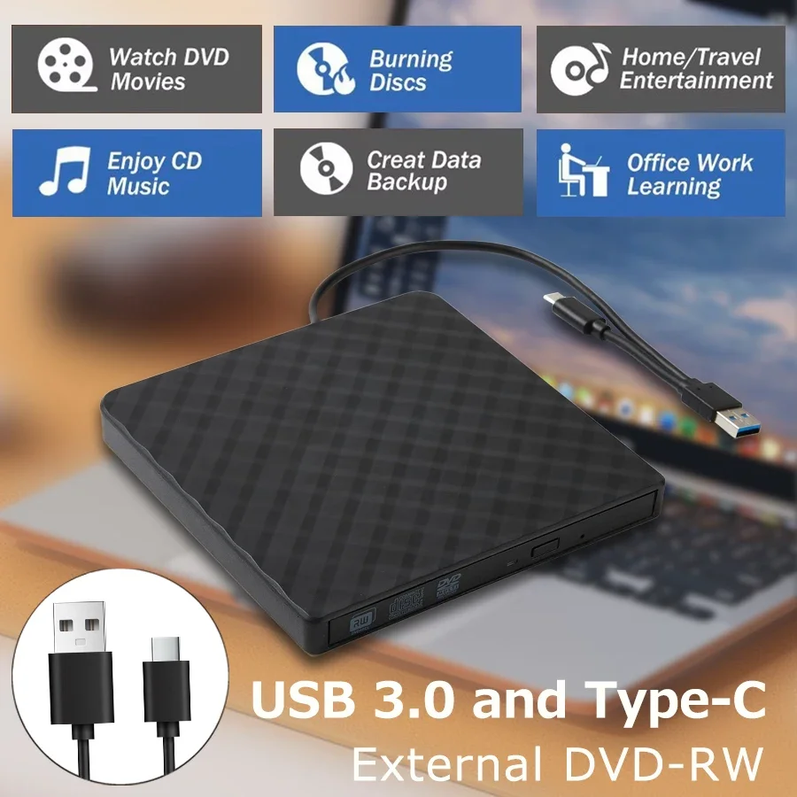 

2in1 USB3.0 TypeC Slim External DVD RW CD Writer Drive Burner Reader Player Optical Drives for Laptop PC DVD Burner Portatil DVD