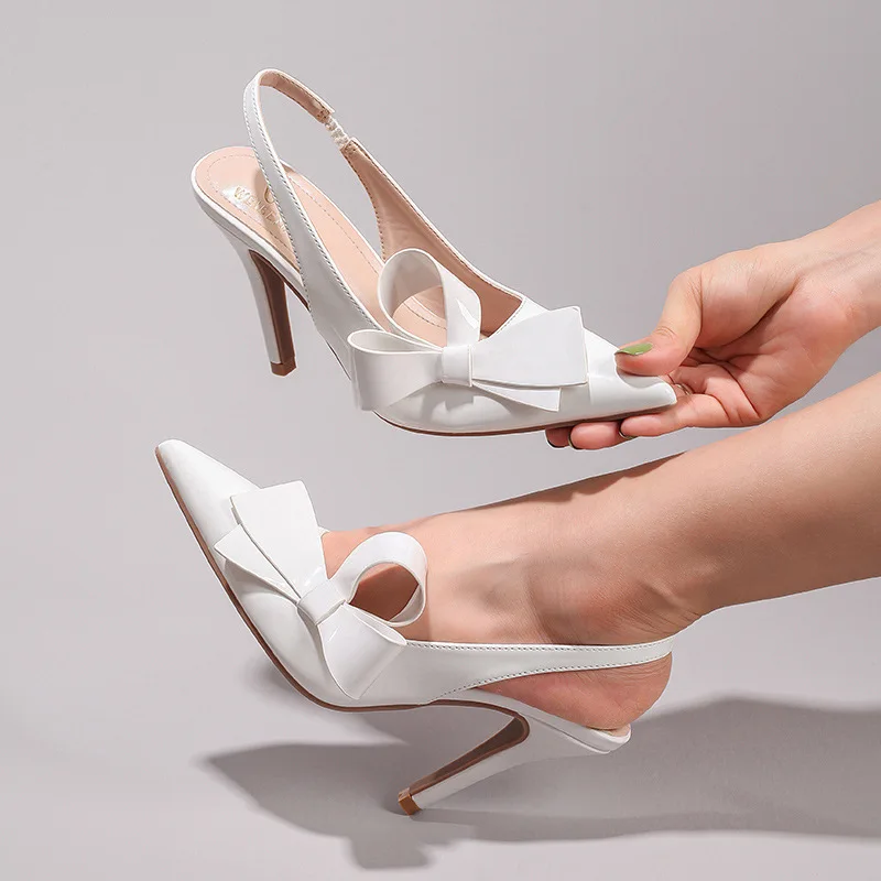

Bow tie high-heeled sandals, shiny pointed wedding women's shoes, banquet sandals