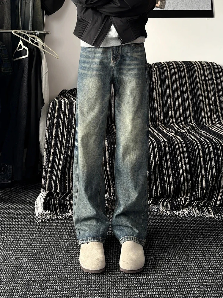 

Американские ретро-джинсы синего цвета прямого кроя для мужчин, зауженные, повседневные, модные, молодежные, длинные брюки прямого силуэта