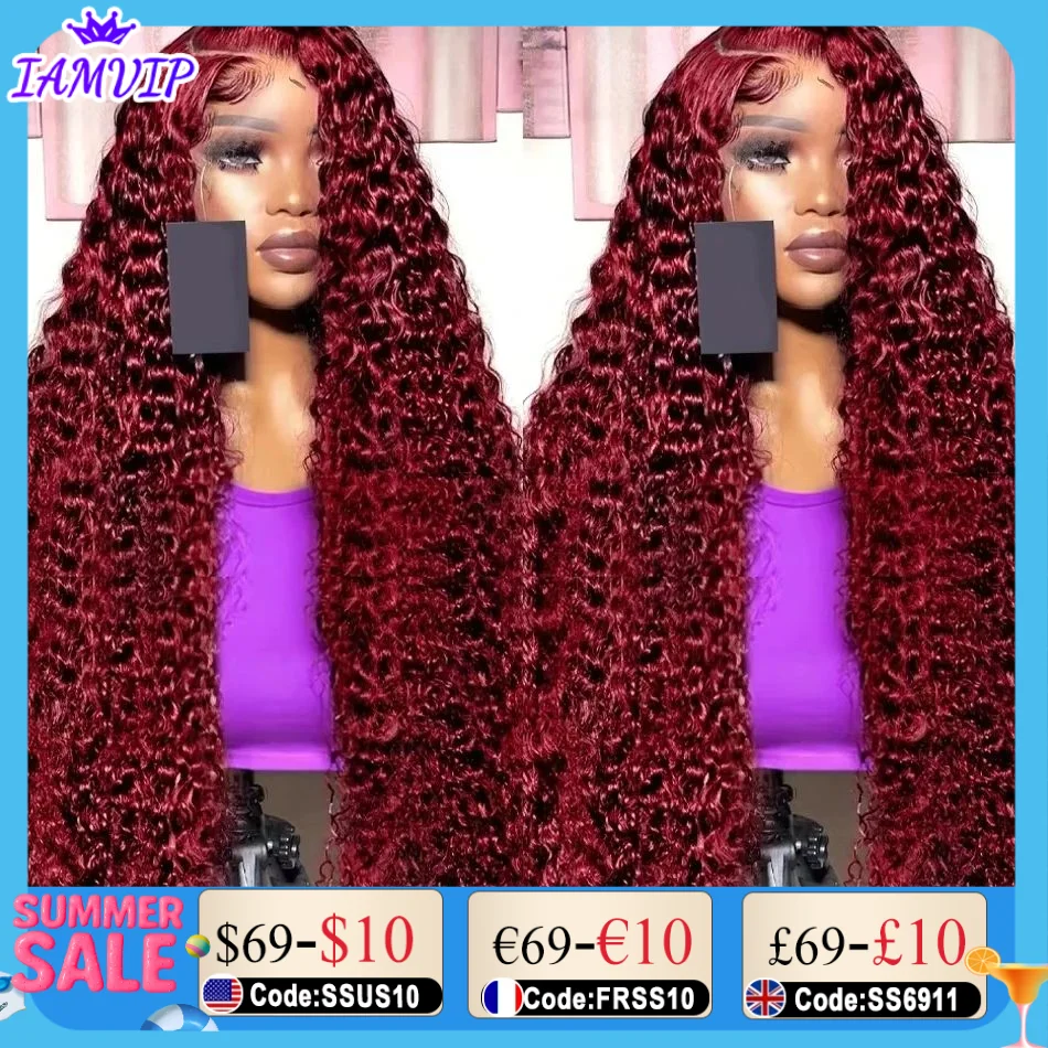 

40 inch13x6 Deep Wave Frontal Wigs Human Hair Hd Transparent 99j Burgundy 13x4 Front Wig Red Colored Kinky Curly 4x4 Glueless