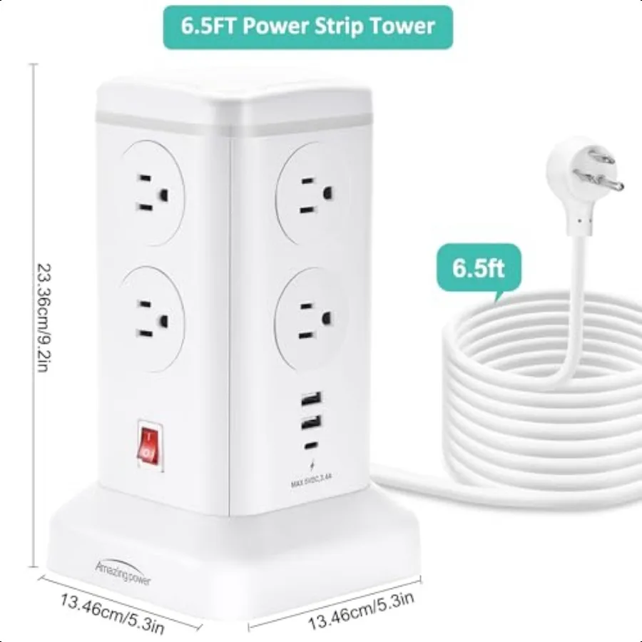Protector contra sobretensiones de 6,5 pies, torre de regleta, 8 salidas de CA, 6 puertos USB, estación de carga multidispositivo con protección contra sobrecarga para el hogar