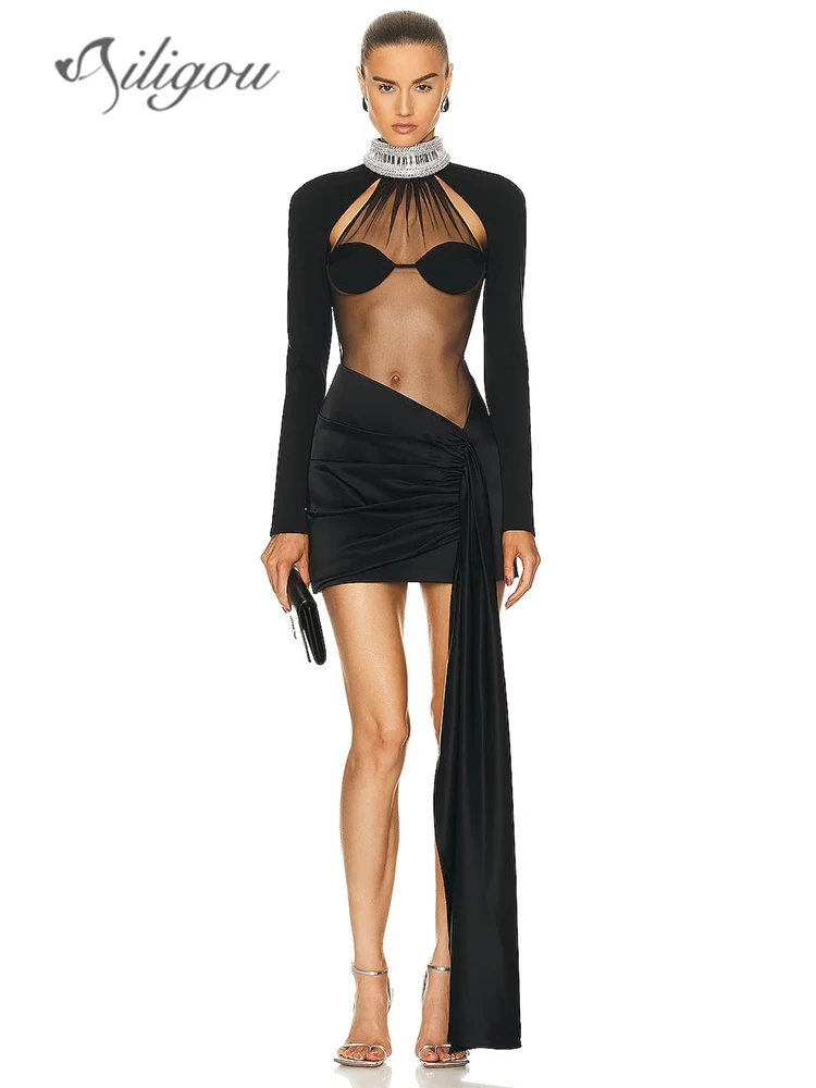 

Ailigou 2024 New Women's Black Sexy Long Sleeve Transparent Diamond Crystal Mini Bandage Dress Elegant Celebrity Party Dress