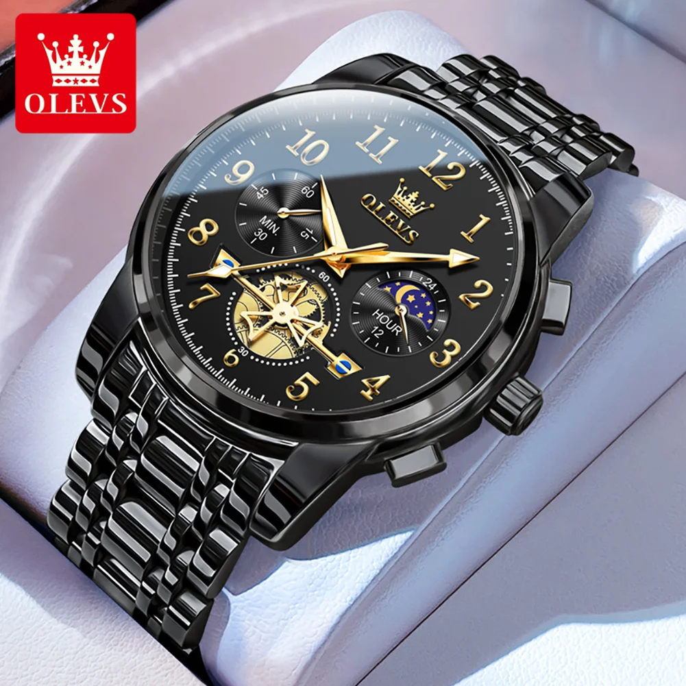 OLEVS Brand Moon Phase Men Watches Stainless Steel Waterpoof Luminous Fashion Skeleton Chronograph Quartz Wristwatch for Men NEW