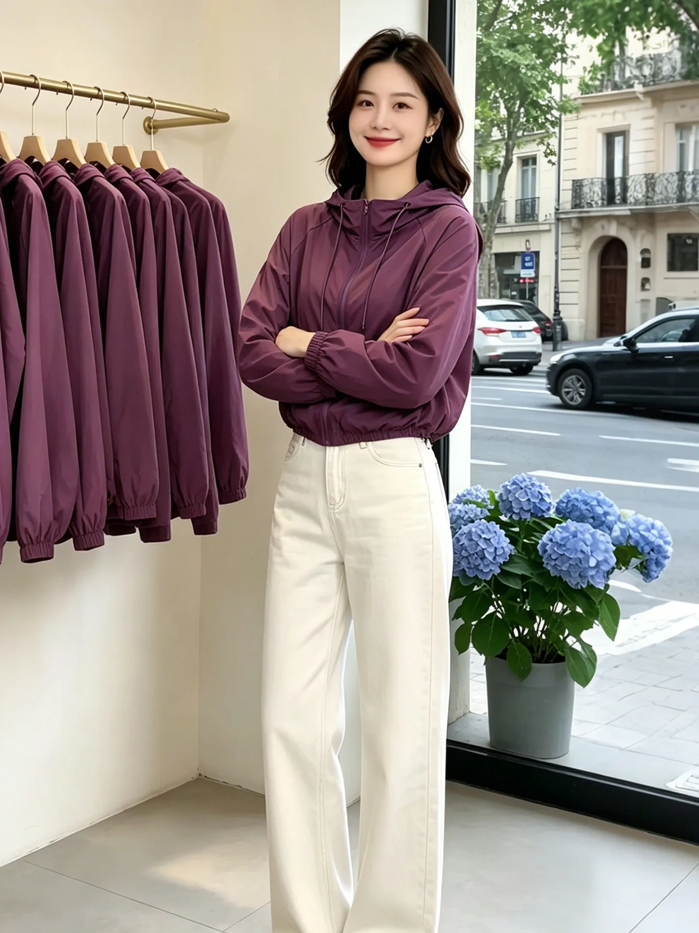Unique Beautiful Purple Sun Protection Jacket Commute Stylish Good Looking Hooded Open Cardigan Women's Summer New Arrival