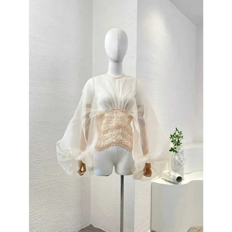 

Pure Silk Beige 2025 New Summer High Quality Top Blouse for Women