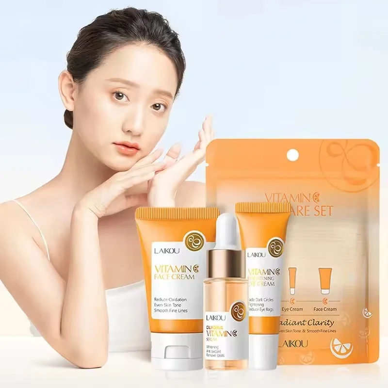 3 Pçs/set LAIKOU Vitamina C 24K Golden Sakura Conjuntos de Cuidados com a Pele Creme Facial Soro Creme para os Olhos Hidratante Anti Rugas Kit de Cuid