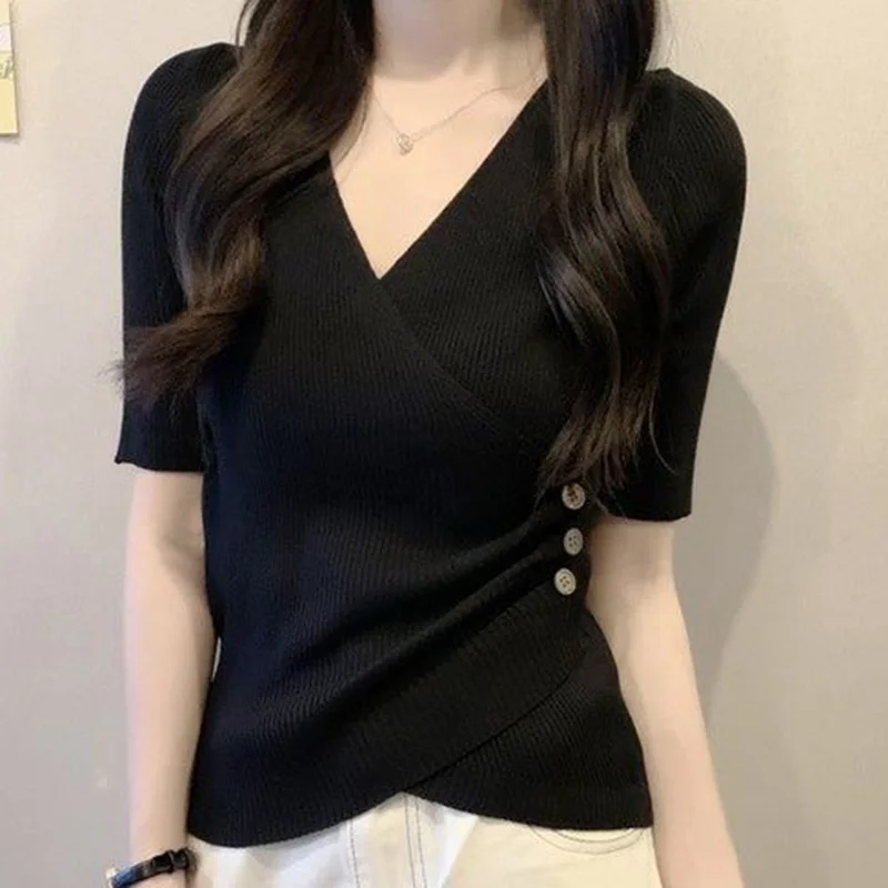 Fashion V-Neck Knitted Solid Color All-match Folds Blouse Female Clothing 2024 Summer New Casual Pullovers Asymmetrical Shirt