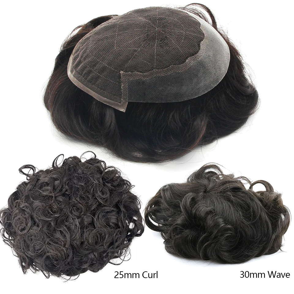 【Customized】Top Swiss Lace And Pu Human Hair Replacement 25mm Curl Lace Front Men Hair System Comfortable Male Hair Prosthesis