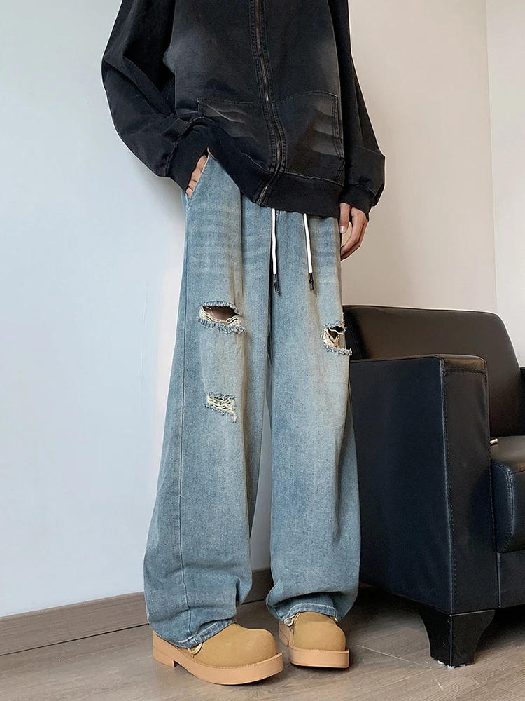 アメリカンスレ ヴィンテージ ルーズレッグ メンズジーンズ 夏 トレンドブランド INS ハイストリート クール ワイドレッグ ナイフパンツ ホールデザイン