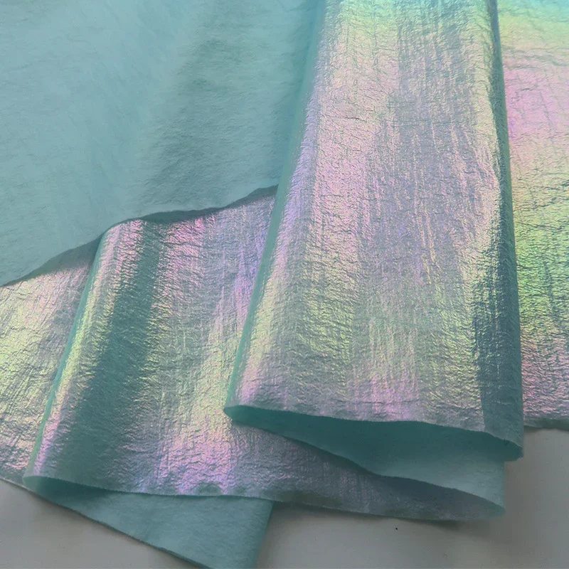 Laser Pearlescent Down Jacket Fabric Colorful Gradient Down Fabric Metallic Bright Leather Wrinkled DIY Sewing Fabric 100x150cm