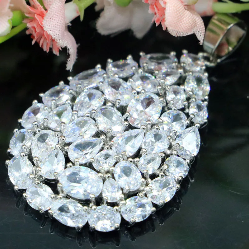 48x28mm Gorgeous Created 8.2g Pink Tourmaline White Sapphire Blue Aquamarine CZ Women Dating Silver Plated Pendant