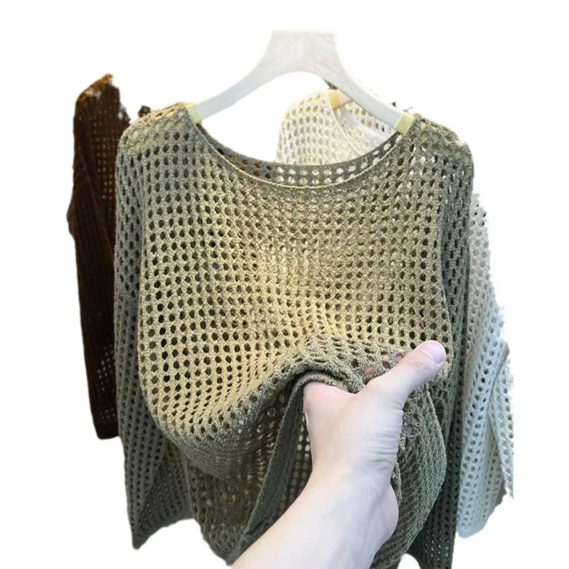 여성용 긴 소매 메쉬 니트 탑 2025 여름 가을 신상 Y2K 시스루 레이스 블라우스 캐주얼 홀로우 아웃 셔츠