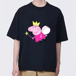 P-peppa-男性と女性のための漫画の豚のTシャツ,カップルの服,半袖,綿の襟,ファッショナブル