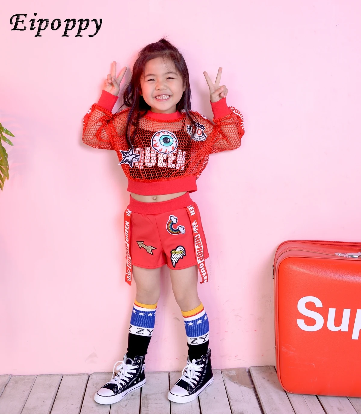 New children's jazz dance performance costume red hollow suit jazz vest shorts loose hiphop long sleeves