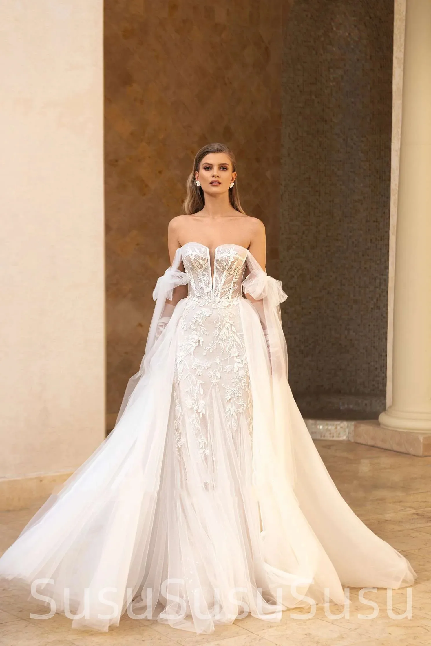 Wunderschöne träger lose abnehmbare Zug spitze Applikationen V-Ausschnitt Brautkleid elegantes Blumenmuster Tüll Robe de Mariée 2023