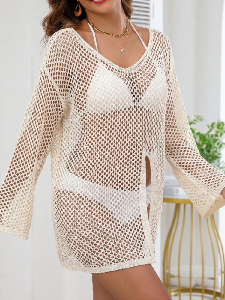 Novo verão oco para fora cobrir vestido feminino ver através do decote em v fenda mini vestidos de férias manga longa sexy praia malha vestido de festa