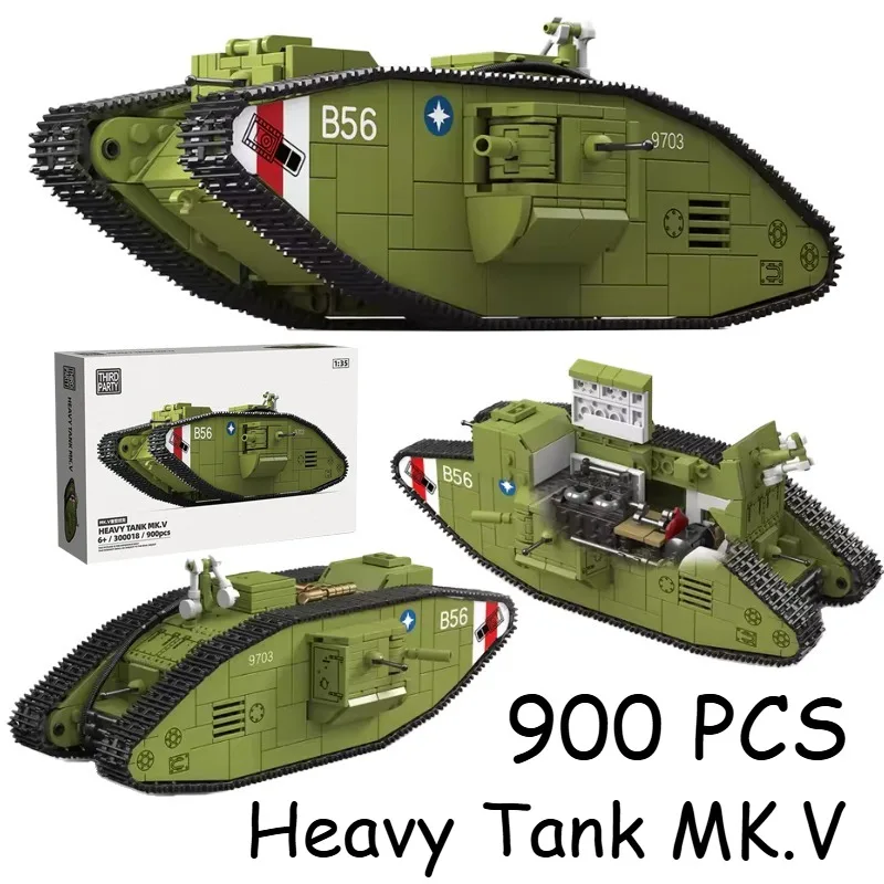 900 pièces de blocs de construction de char lourd de la Première Guerre mondiale MK.V, véhicule militaire de la Première Guerre mondiale, jouets DIY, cadeau de Noël ou d'anniversaire