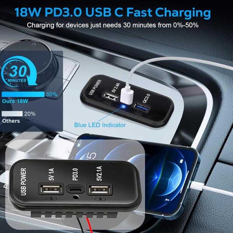

12V USB Outlet, PD3.0 Type C Port, QC3.0 & 2.4A USB A Charger 3 Ports Fast Charging Socket Panel for Car Motorcycle Marine Truck