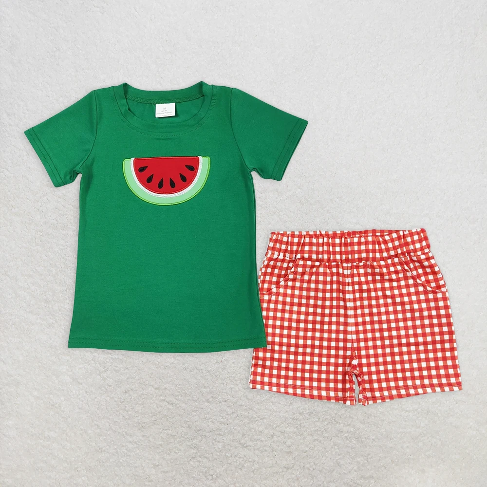 

Baby Boys Watermelon Print Short Tee And Checkered Shorts Summer Outfit Set Green Top Plaid Bottoms for Little Ones
