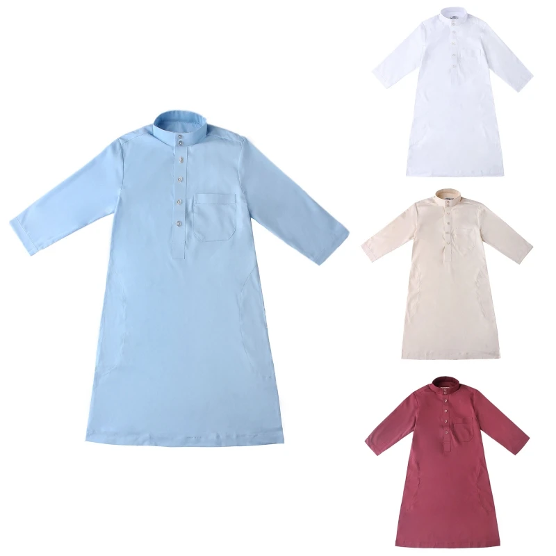 Teenagers Muslim Clothing Middle East Abaya Jubba Thobe Long Sleeves Stand Collar Muslim Kaftan Boy Robe Children Caftan