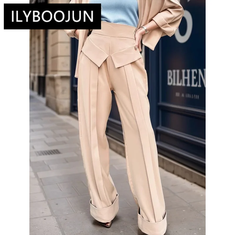 Solid Casual Loose Temperament Trousets For Women Spliced Pockets Wide Leg Pant Female Style Luxury Brand