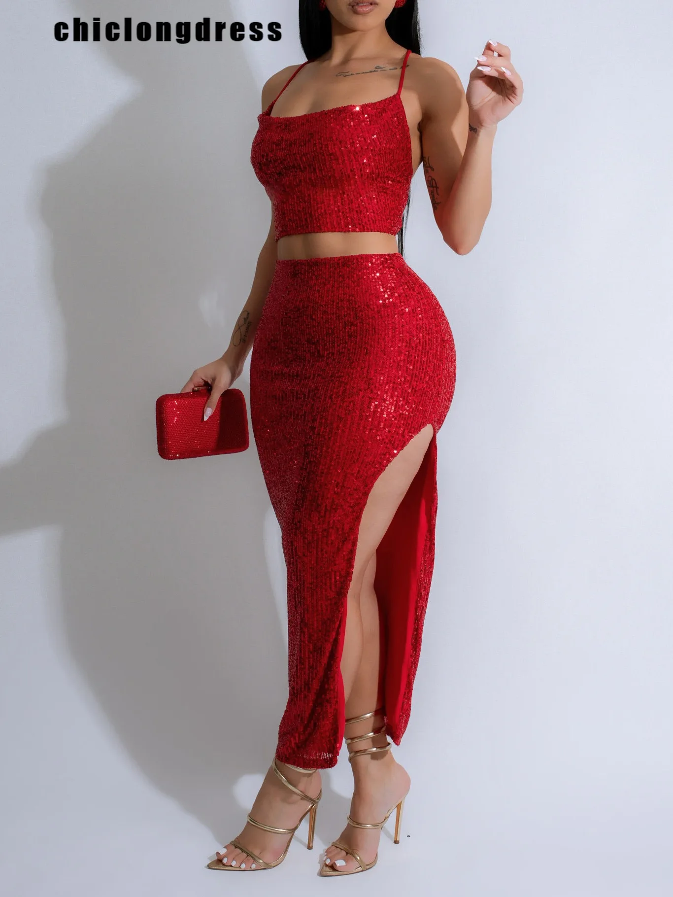 Spring Summer Sexy Sequin Two Piece Set Women Fashion Solid Camisole Top Split Skirt Two Piece Set Women