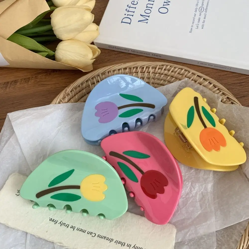 

Sweet Rhinestone Tulip Flower Hair Claw Hairpin Barrette Acetic Acid Shark Clip Headwear Geometry Back Head Hair Grab Girls