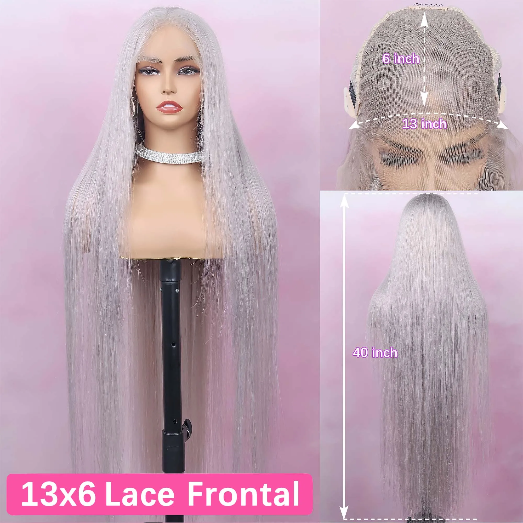 13x6シルバーグレーストレートレースフロント人毛ウィッグ200%プレプラッキング透明レースフロントウィッグ女性用ブラジル人毛ウィッグ