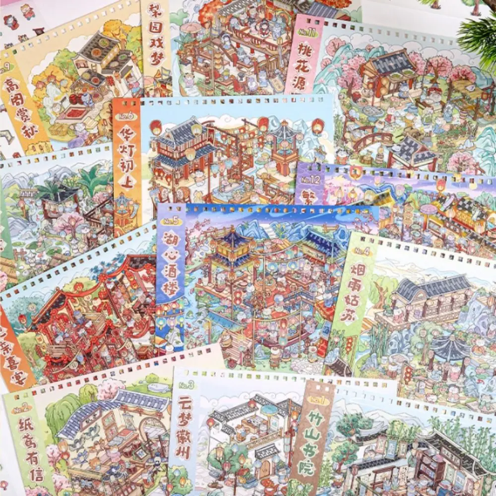 40 Sheets 3D Landscape Stickers Ancient Scene Kawaii Sticker Collection Chinese Style Town Series Decorative Stickers Girl Child