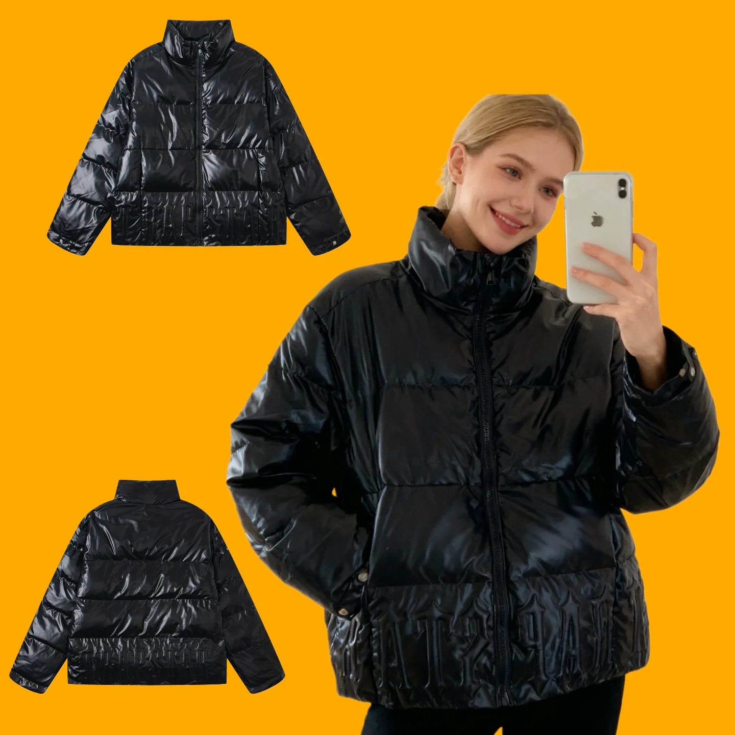 

Korean Sle Faux Leather High Frequency Quilted down Cotton Jaet Winter Outerwear Youth Casual Long Sve CleanFit