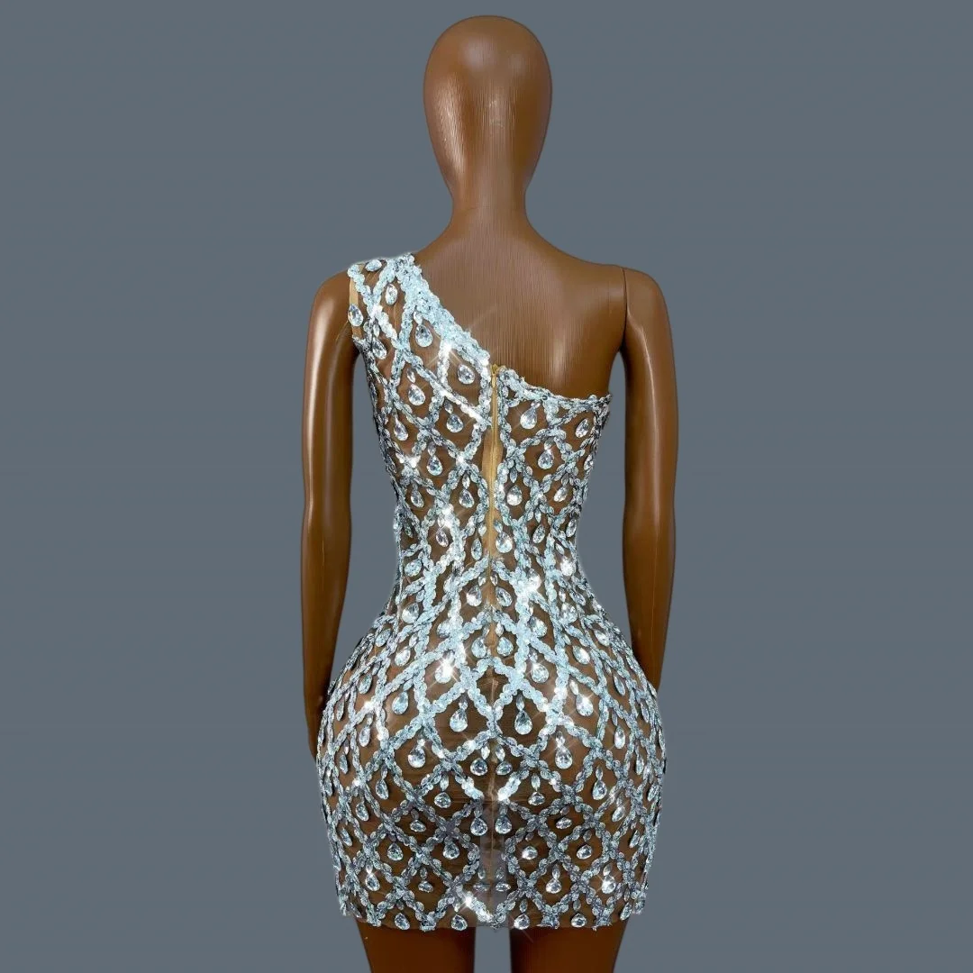 Silver Rhinestone One-Shoulder Mesh Mini Dress Pattern Sheer Bodycon Outfit Women Party Drag Queen Stage Wear Danjianshaokaoja